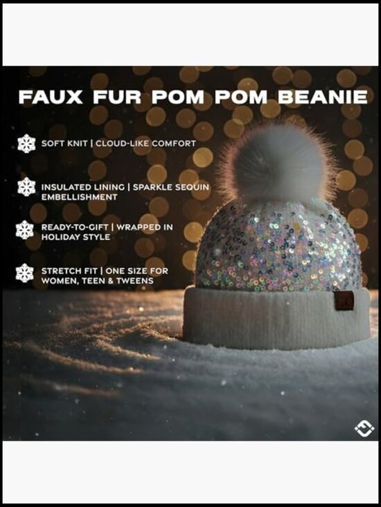 Sequin Pom Beanie, Sparkly Knit Hat with Faux Fur Pom, Stretch Fit main image 5